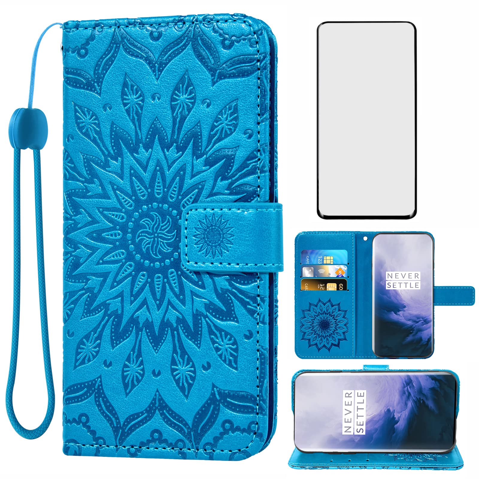Phone Case for OnePlus 7 Pro Wallet Cases with Tempered Glass Screen Protector and Slim Flip Cover Card Holder Stand Cell OnePlus7Pro 5G One Plus 1+7 1Plus OnePlus7 7Pro One+ 1 + Seven Women Men Blue
