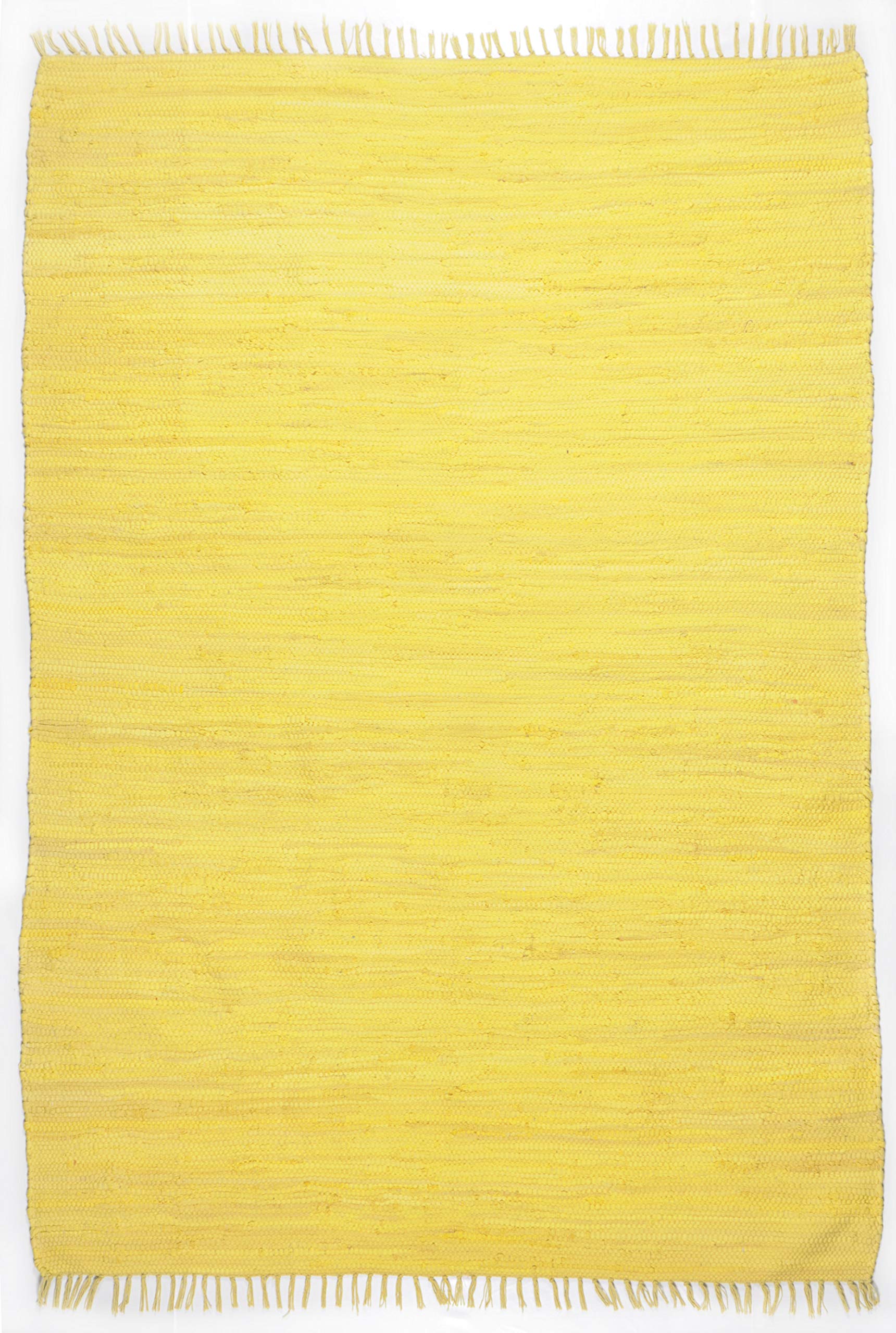 Theko Dhurry Happy Cotton Flat Weave Rug, 100% Cotton, Handwoven, Colour: Yellow, 60 x 120 cm