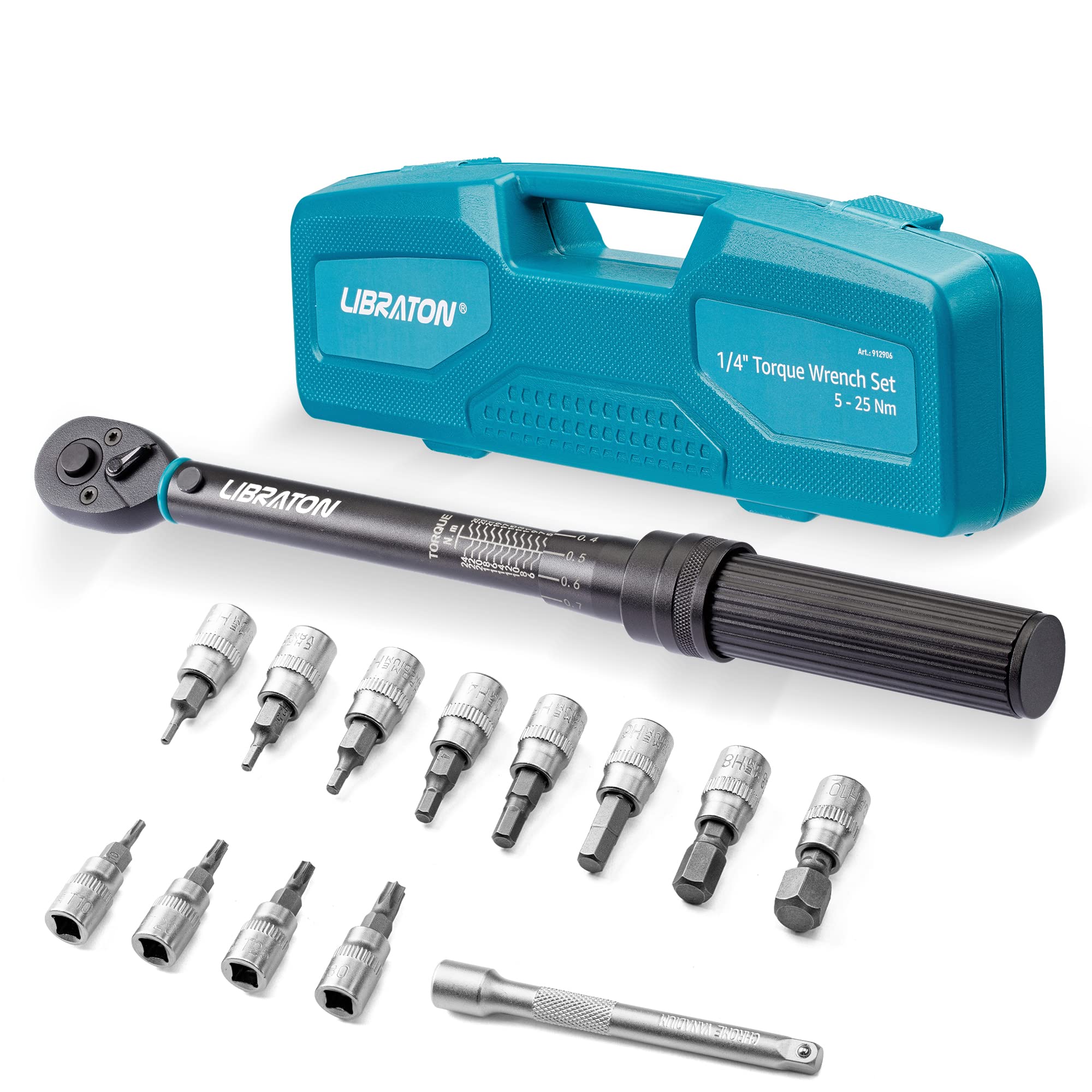 LIBRATON Torque Wrench 1/4'', Bike Torque Wrench 5-25Nm, Drive Click Torque Wrench Set, Hex & Torx Bit Sockets, Extension Bar, Bicycle Maintenance Kit, Professional Bicycle Tool
