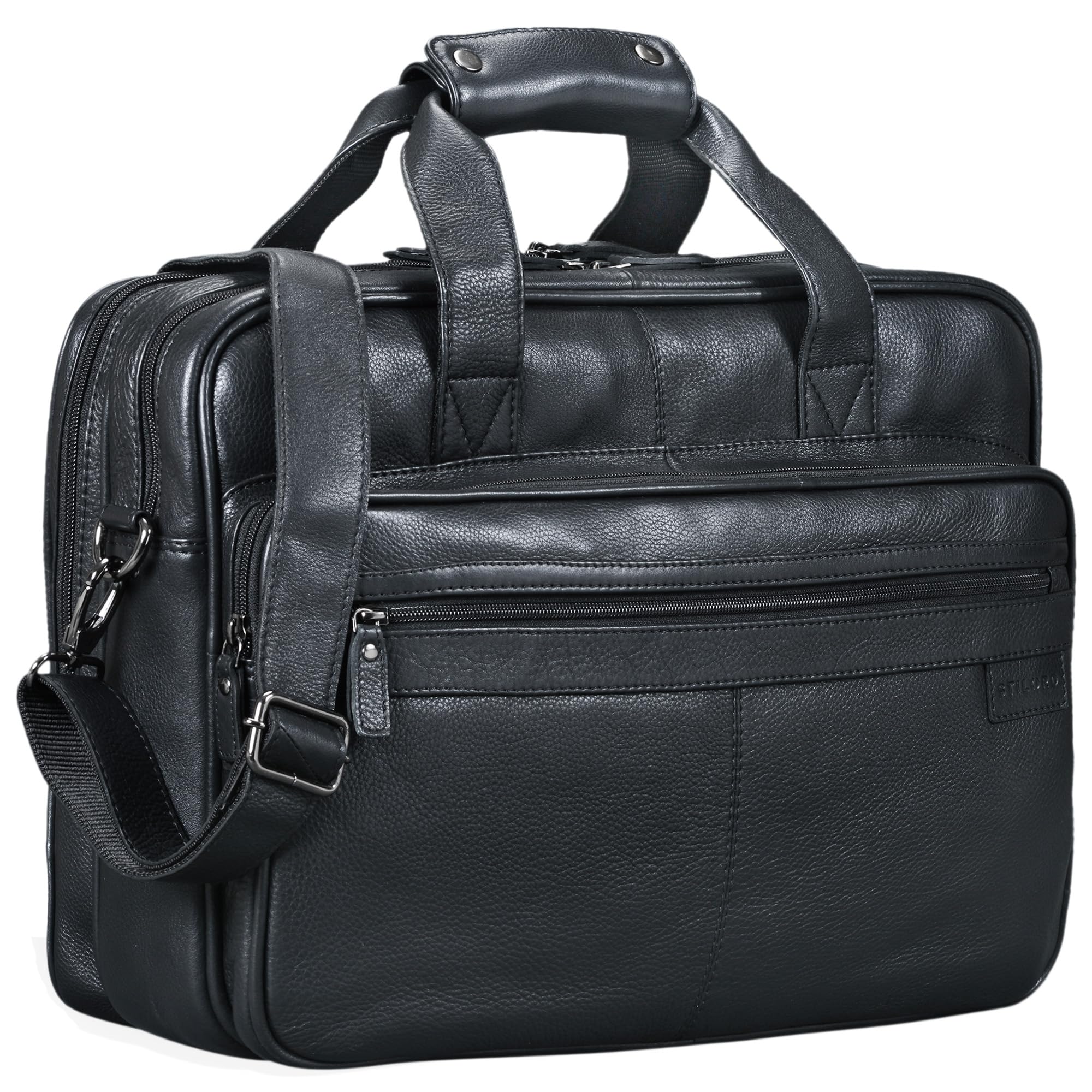 STILORD "Atlantis" Leather Business Bag Large Vintage Teacher Bag Large Leather Business Bag for Trolley Attachable Genuine Leather Colour:Black