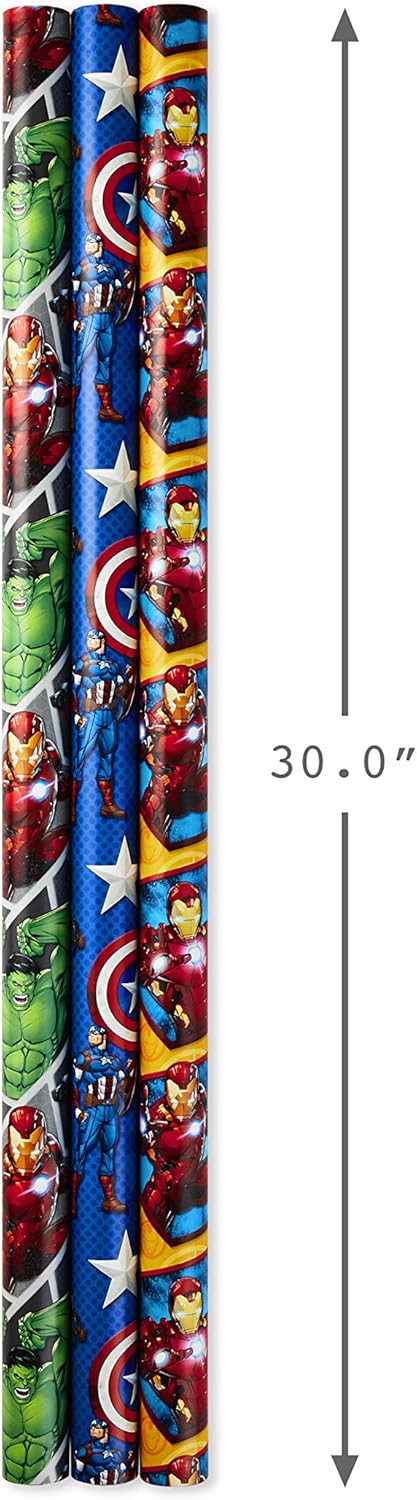 Hallmark Avengers Wrapping Paper Bundle with Cut Lines on Reverse, Black Widow, Captain America, Iron Man, Thor (Pack of 3, 105 sq. ft. ttl.) for Birthdays, Holidays, Fathers Day and More: Kitchen & Dining