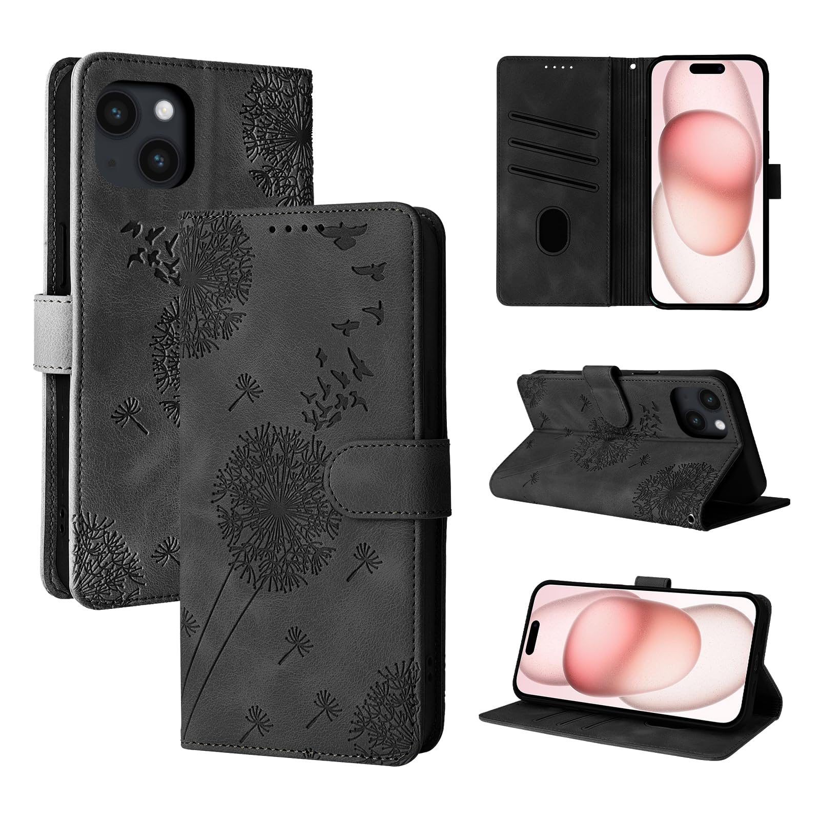 Rostsant Case for iPhone 15 Dandelion Cover Premium PU Leather Flip Phone Case Wallet Card Slots Protective Cover for iPhone 15 Black — image 1