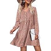 Amoretu Women Fall Dresses Casual Shift V Neck Short Dress (Leopard Apricot,L)