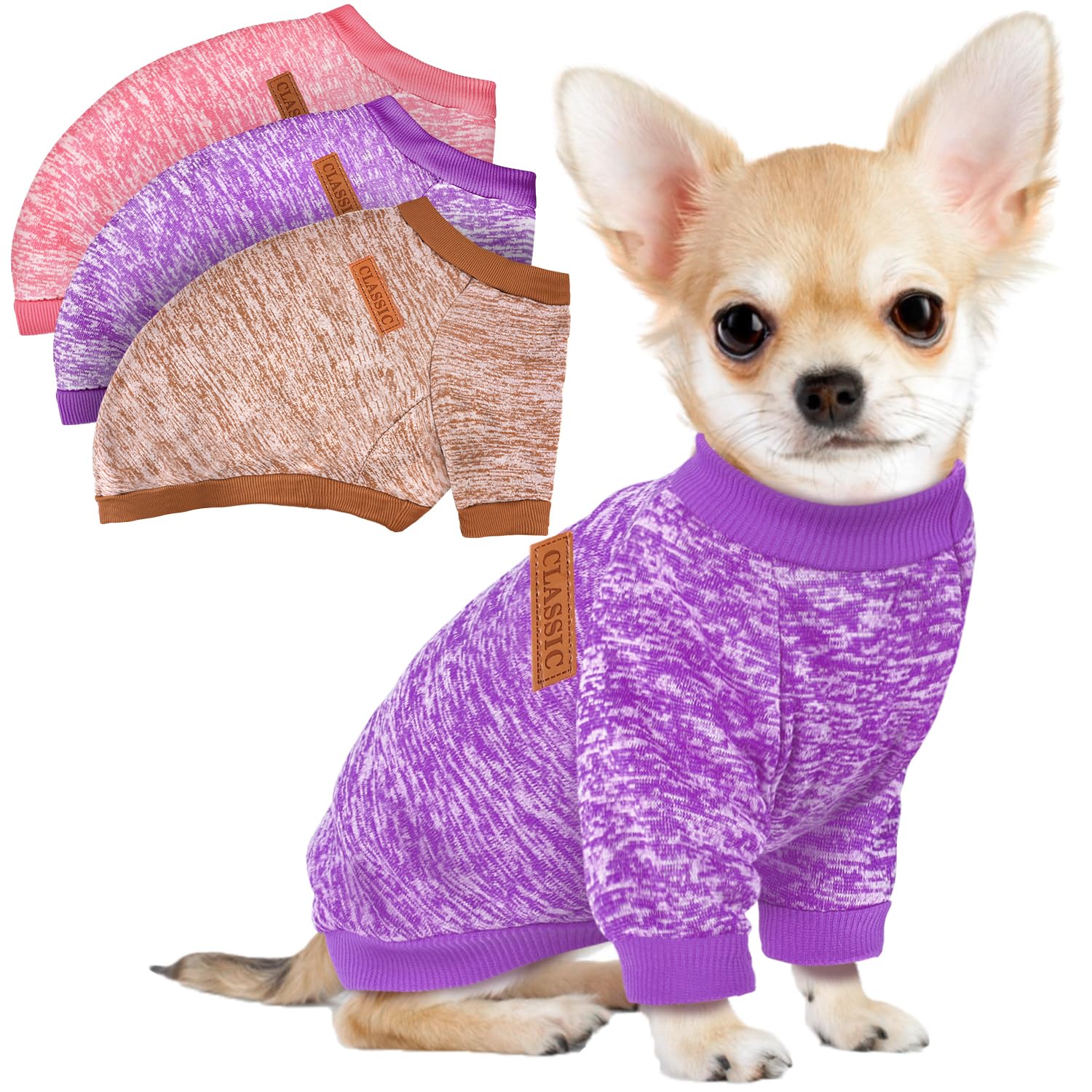 Photo 1 of 3 Pack Dog Sweaters for Small Dogs Girl Boy Winter Fleece Clothes Warm Soft Dog Sweatshirt Outfit for Dogs Cats Pet Apparel