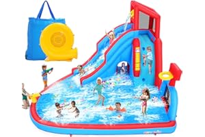 ROOJER Inflatable Water Slide for Kids Backyard 9-in-1 Blow Up Water Park with 470W Blower, Dump Bucket, Adventure Play Tunnel, Splash Pool, Climbing Wall, Cannon, Goal Shooting Zone, Basketball Hoop