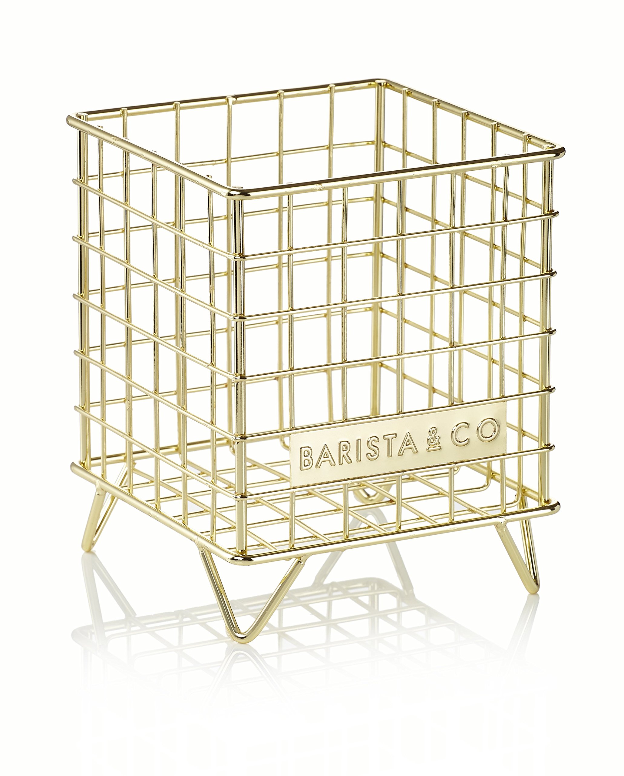 Barista&Co Coffee Pod Cage - Stainless Steel Large Capacity 80+ Coffee Capsule Holder - Electric Gold with Full Barista&Co logo Coffee Pod Storage Compatible with Nespresso, Tassimo, Dolce Gusto Pods