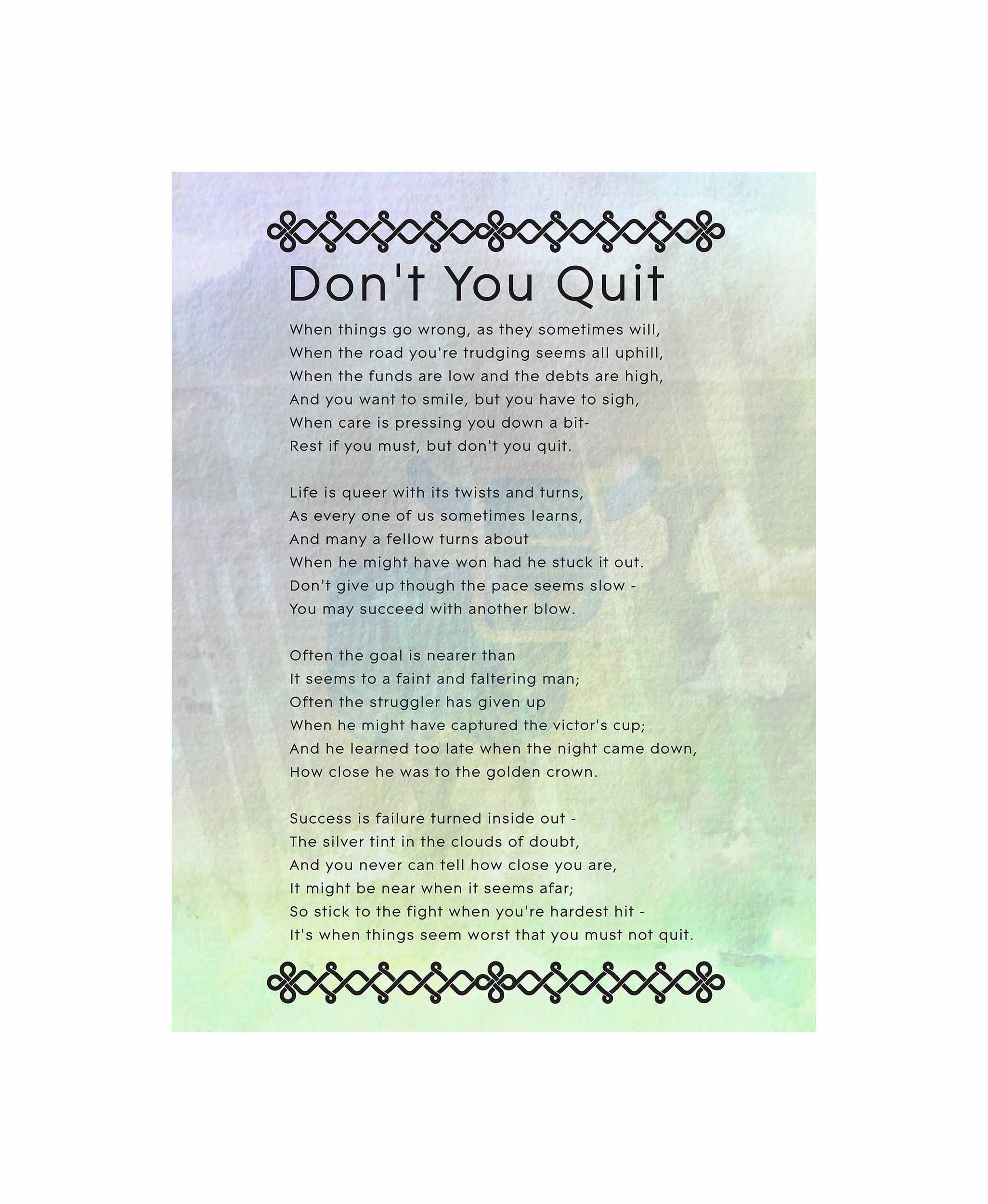 Wee Blue Coo Don't You Quit Poem Motivation Typography Quote Art Canvas Print