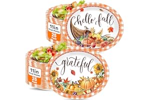 OBUSATT 50 PCS Fall Paper Plates Thanksgiving Oval Paper Plates Pumpkin Orange Plaid Disposable Supplies Harvest Rustic Farmhouse Tableware Autumn Oval Dinnerware Set for Dinner Kitchen Party Decorations