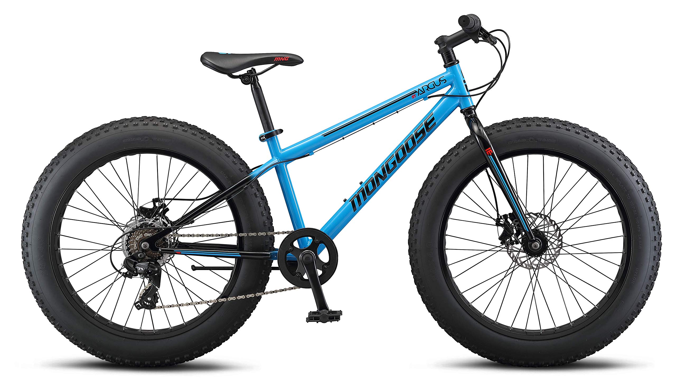 Mongoose Argus Trail or ST Fat Tire Mountain Bike, 20, 24 or 26 Inch Bike for Kids and Adults, 7 or 16 Speed, Aluminum or Steel Frame, Knobby Mountain Fat Tires, Mechanical Disc Brakes