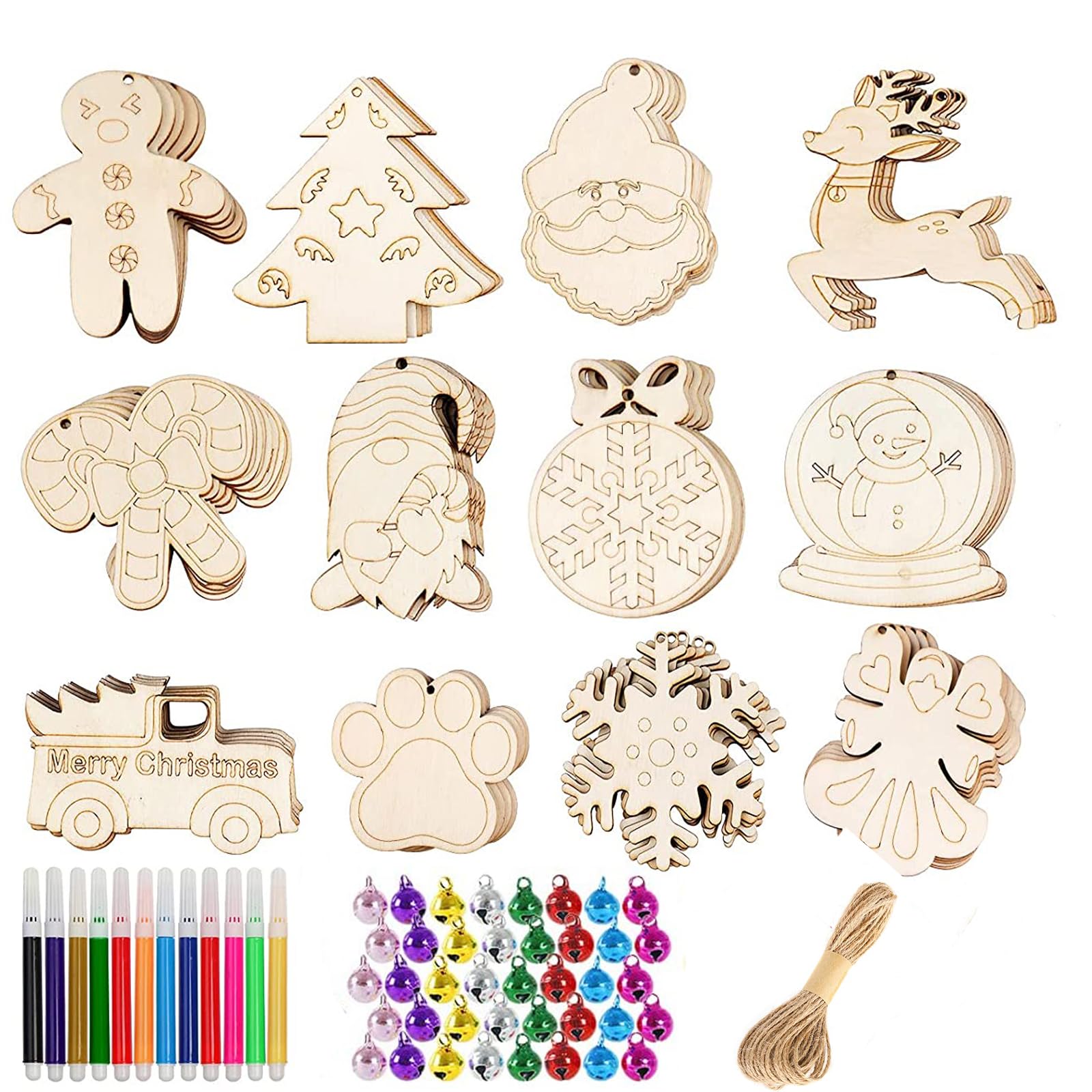 HBell 36pcs Christmas Wooden Ornaments Set With Holes, Unfinished Slices, Twine, Colorful Bells, Watercolor Pens for Kids DIY Crafts, Hanging Decoration, Xmas Gift