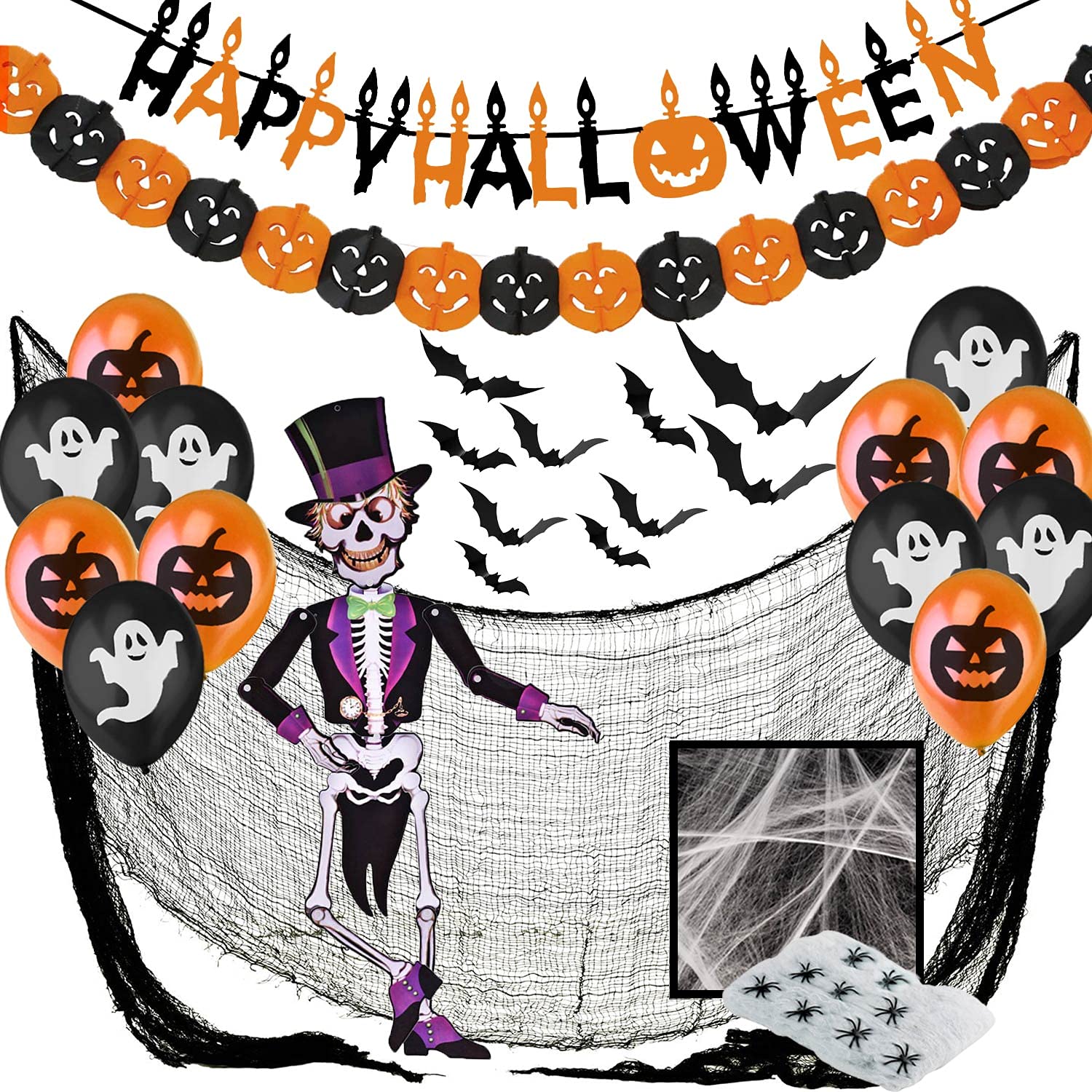 Halloween Decorations Indoor Set XXL Happy Halloween Banner, Bats 3D, Pumpkin Garland, Balloons With Ghosts, Spider Web with Spiders, Creepy Cloth Black Net, Giant Spider & Jointed Skeleton