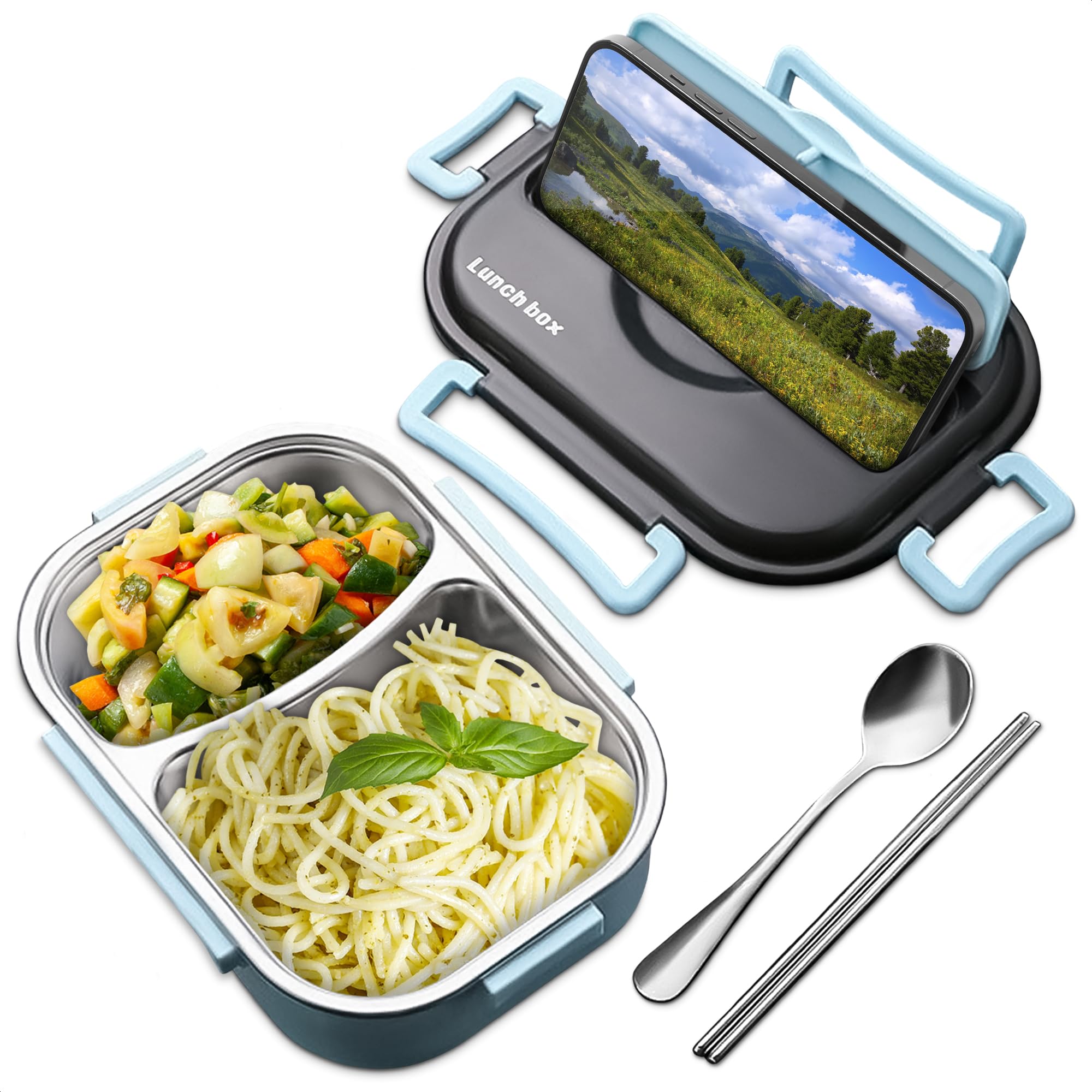 Photo 1 of Tiffin Lunch Box – Insulated Lunch Containers with 48.5-Oz Capacity, Stainless Steel & Plastic, 2 Compartments – Insulated Bento Box for Office, Picnic & Daily Meals, Spoon & Chopsticks Included