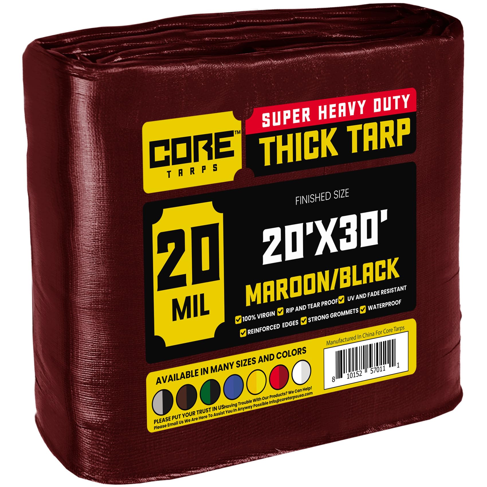 Core Tarps Extreme Heavy Duty 20 Mil Tarp Cover, Waterproof, UV Resistant, Rip and Tear Proof, Poly Tarpaulin with Reinforced Edges for Roof, Camping, Patio, Pool, Boat (Maroon/Black 20′ X 30′)