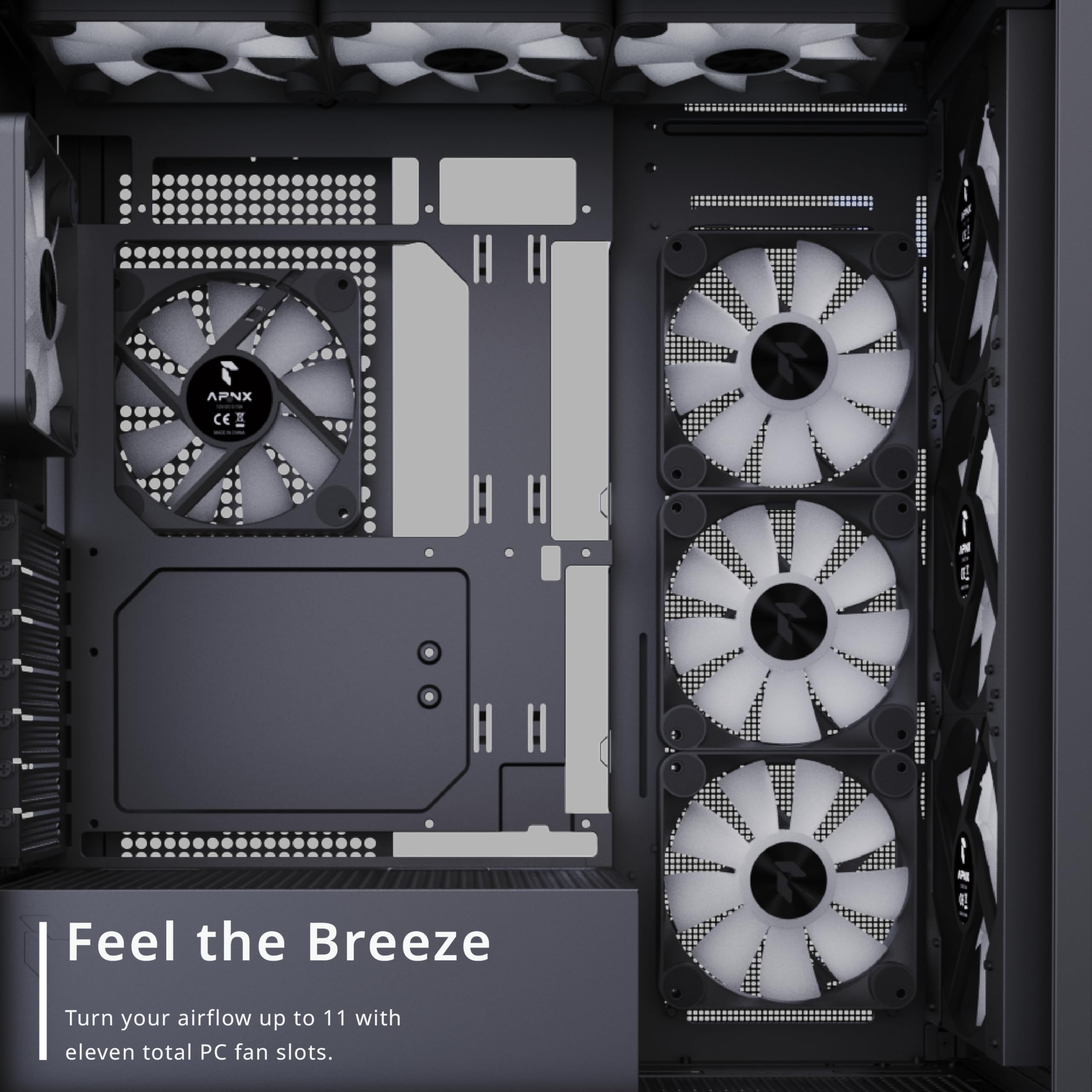 APNX C1 Mid-Tower ATX White PC Case, 4 Included High Airflow APNX FP1 ARGB Fans, up to 11 Total Fan Slots, Top and Side 360mm Liquid Cooler Support, 5-Port PWM ARGB Control Hub