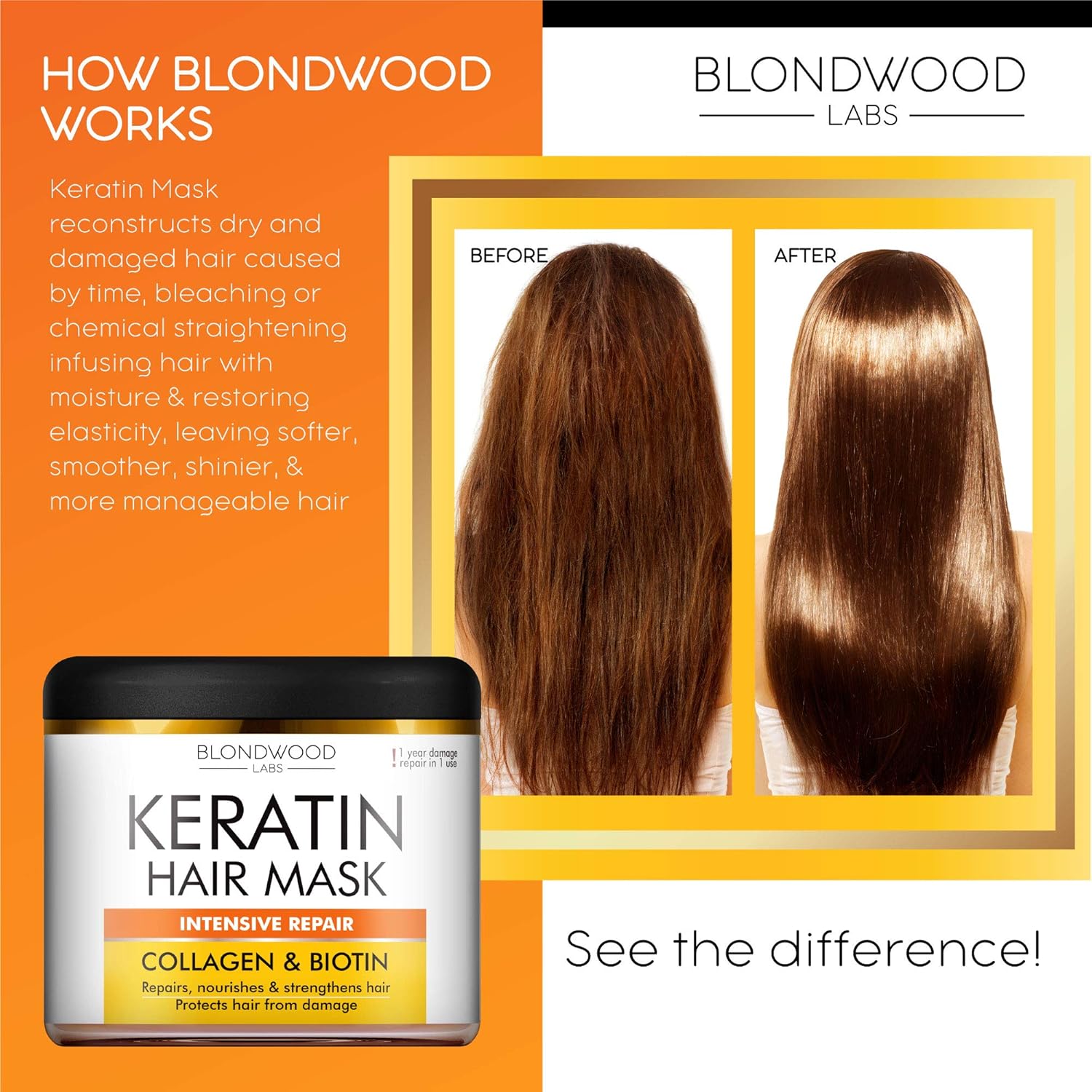 Keratin Hair Mask - Made in USA - Best Natural Biotin Keratin Collagen Treatment for Dry & Damaged Hair - Professional Collagen Hair Vitamin Complex for Hair Repair, Nourishment & Beauty - 8 oz: Beauty