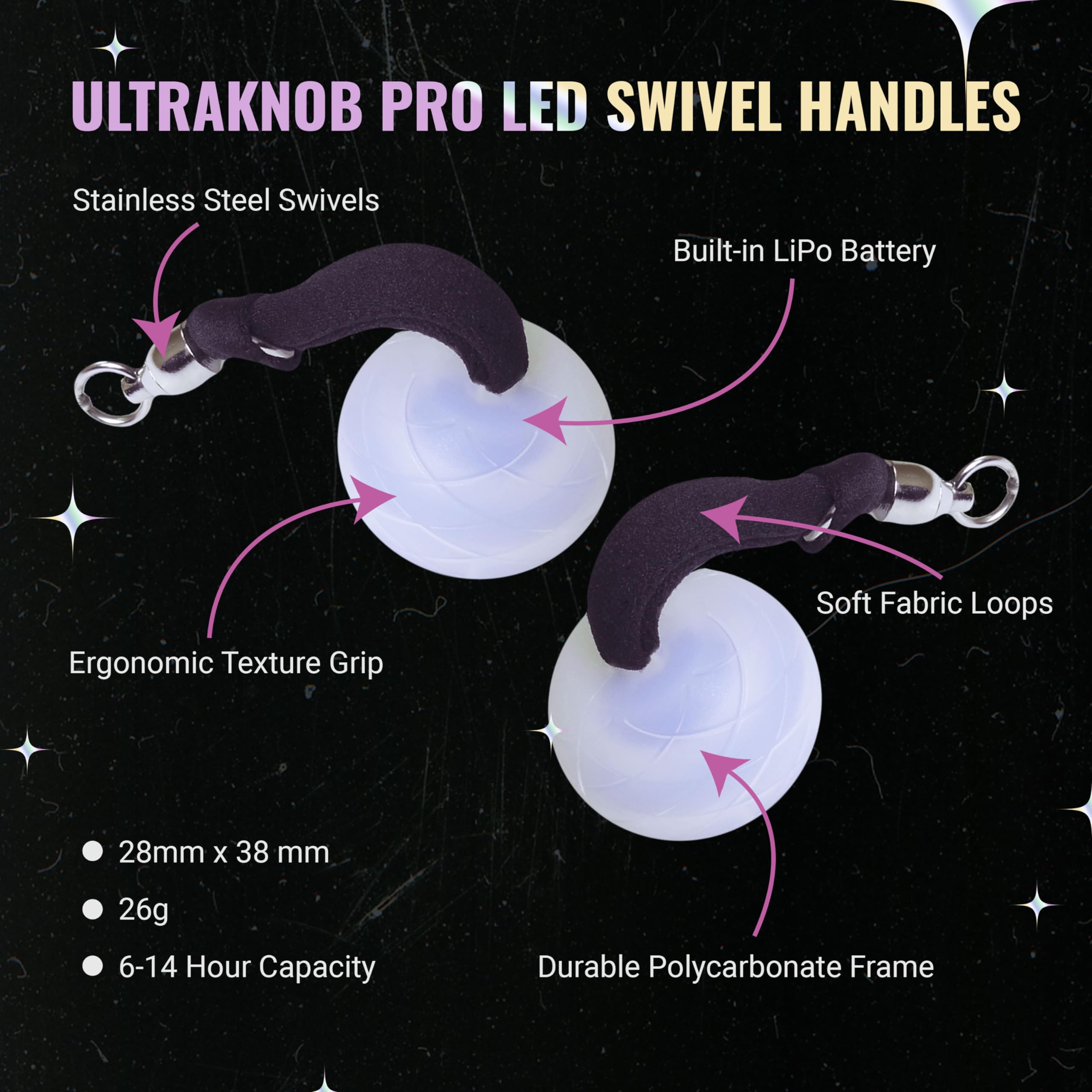 UltraPoi UltraKnob Pro Swivel Handles Set (Pair (2)) - Rechargeable Knob Handles for LED Poi Balls - Over 35 Rainbow Color Modes & Flashing Patterns - Silicone Knob for Poi, Flow Art & Light Spinning