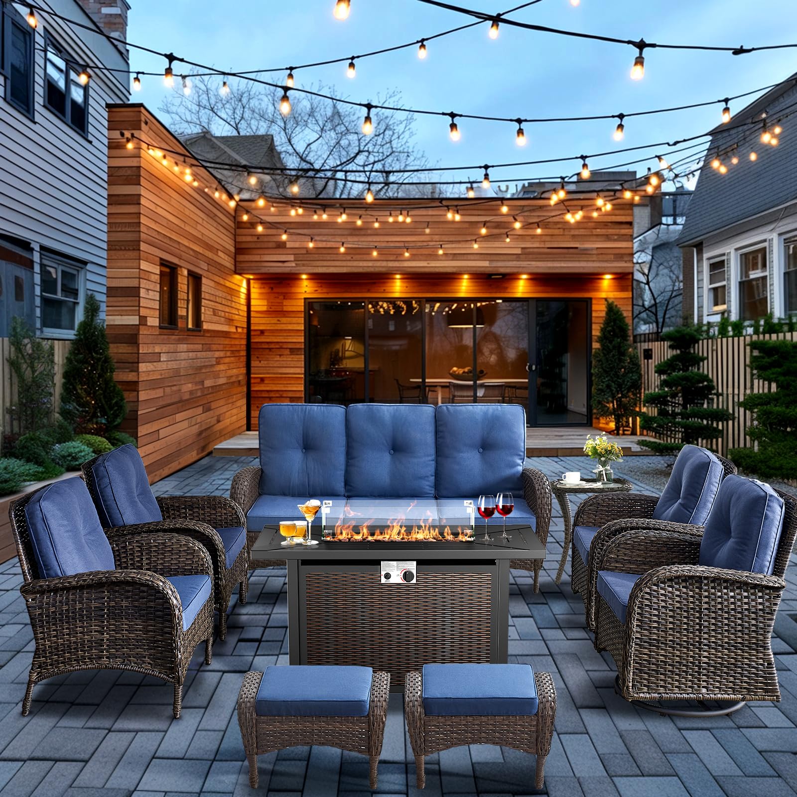 HUMMUH 9 Piece Patio Furniture Set with Fire Pit