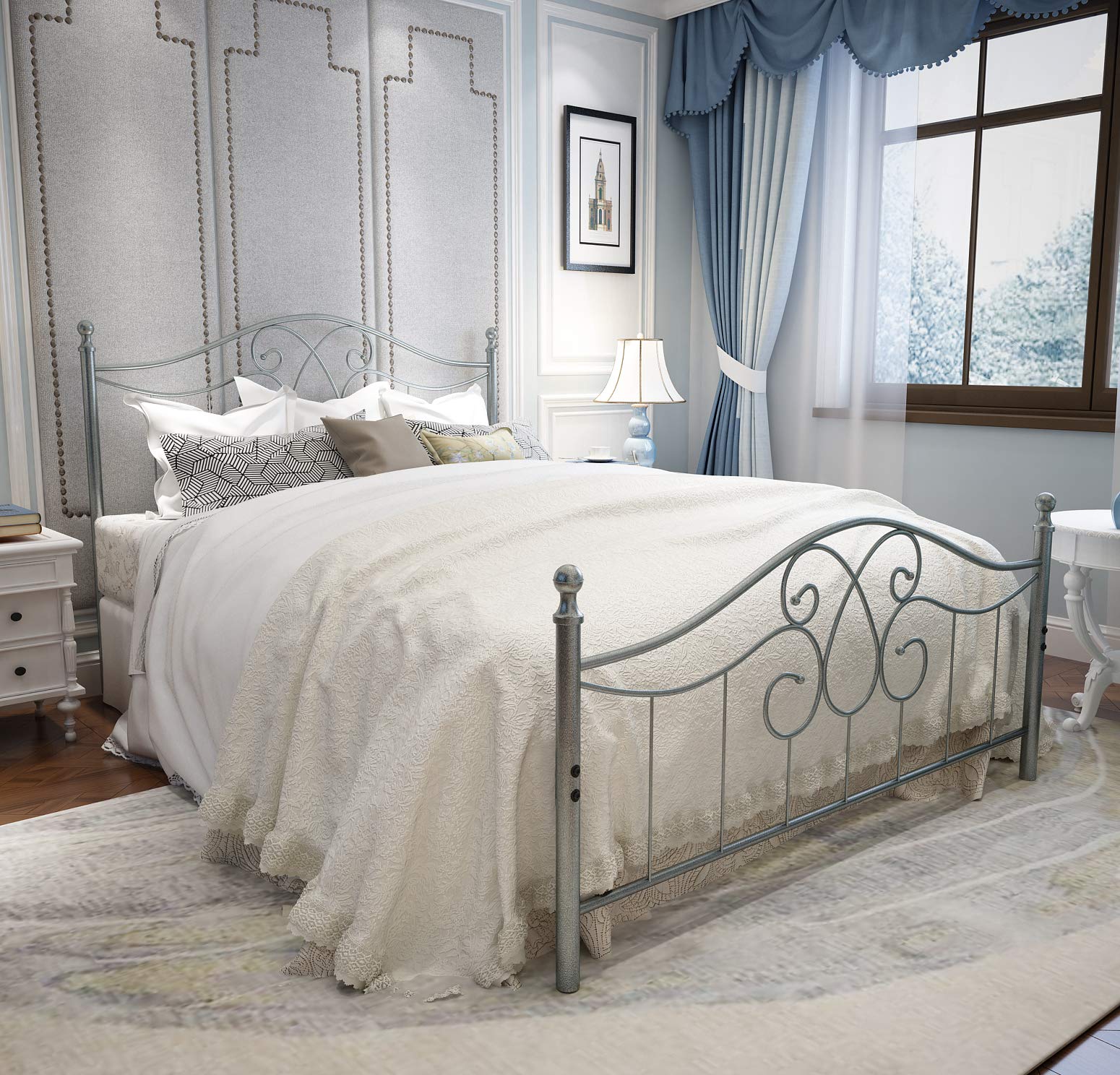 Photo 1 of ****Missing parts****YERPERFO Vintage Sturdy Metal Bed Frame Queen Size with Vintage Headboard and Footboard Platform Base Bed Frame No Box Spring Needed Steel Bed (Gray Silver,Queen)