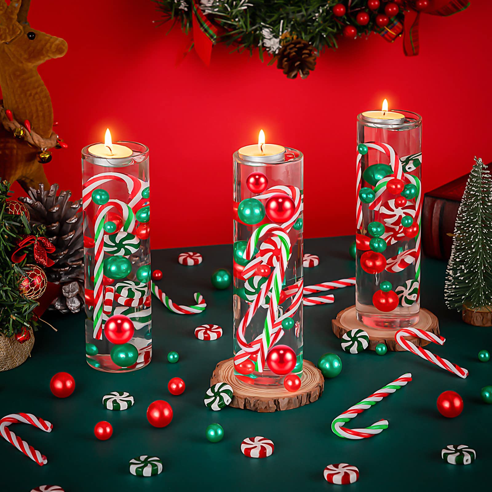 120 Pcs Christmas Vase Filler, Green Red Fake Candy Cane Beads Pearls for Vases for Table Decorations Centerpieces