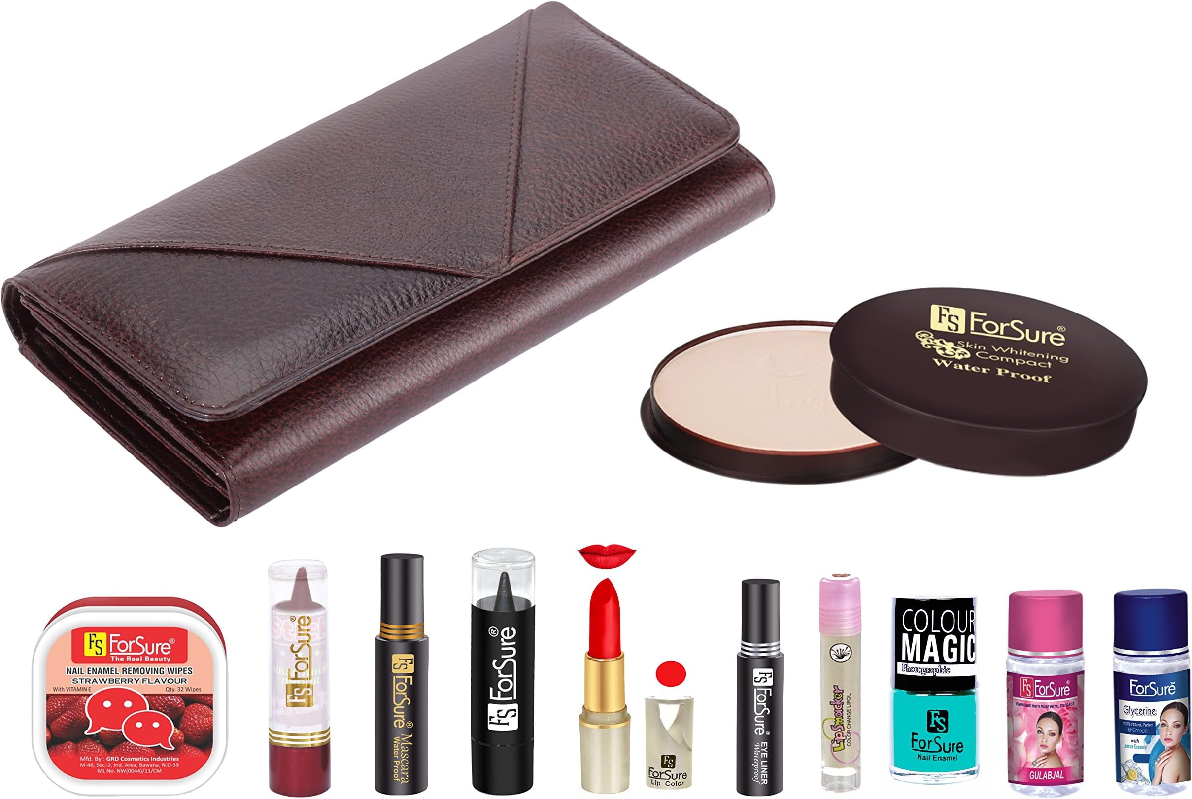 ForSure Combo Kit of Eyeliner, Kajal, Mascara, Nail Polish, Lipstick, Sindoor, Gulabjal, Glycerine, Compact, Nail Wipes, Lip Smacker and Clutch