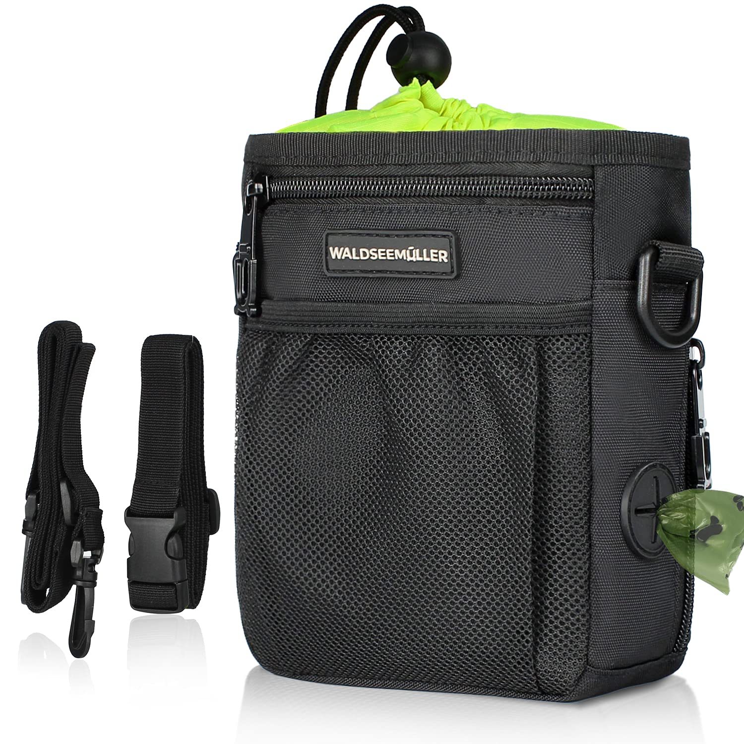 Dog Treat Pouch, Dog Walking Bag Treat Pouch for Dog Training with Multiple Pockets and Built-In Poop Waste Bags Dispenser, Adjustable Belt 3 Ways to Wear, Black