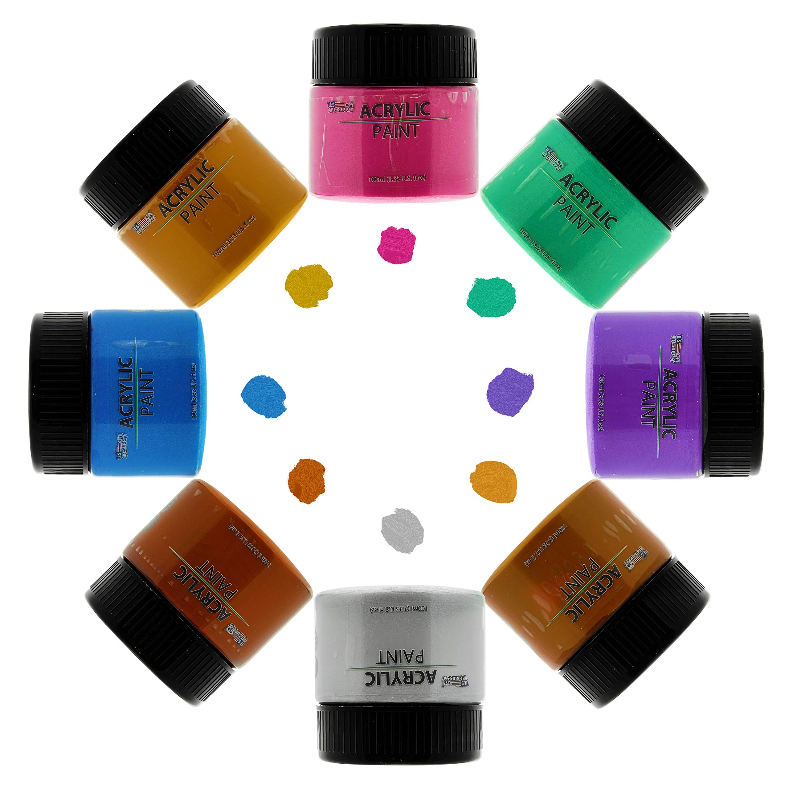 U.S. Art Supply 8 Color Metallic Acrylic Paint Jar Set 100ml Bottles (3.33 fl oz) - Professional Artist Bright and Vivid Pearlescent Metallic Colors great for Acrylic Pouring shimmer effects