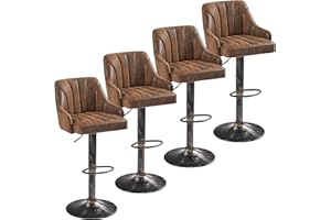VECELO Bar Stools Set of 4, Adjustable Barstools, Counter Height Stools with Back and Arm, Kitchen Island Stools, Swivel PU Chairs for Pub, Dining Room, Industrial Style, Brown