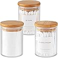 Mini Glass Apothecary Jars, Container Set, Bathroom Organizers and Storage, Bathroom Decor, with Bamboo Lids, Small Kitchen Containers, For Cotton Balls, Pads and Swabs, 10 oz, Set of 3
