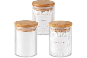 VASE AND VESSEL Mini Glass Apothecary Jars, Container Set, Bathroom Organizers and Storage, Bathroom Decor, with Bamboo Lids, Small Kitchen Containers, For Cotton Balls, Pads and Swabs, 10 oz, Set of 3