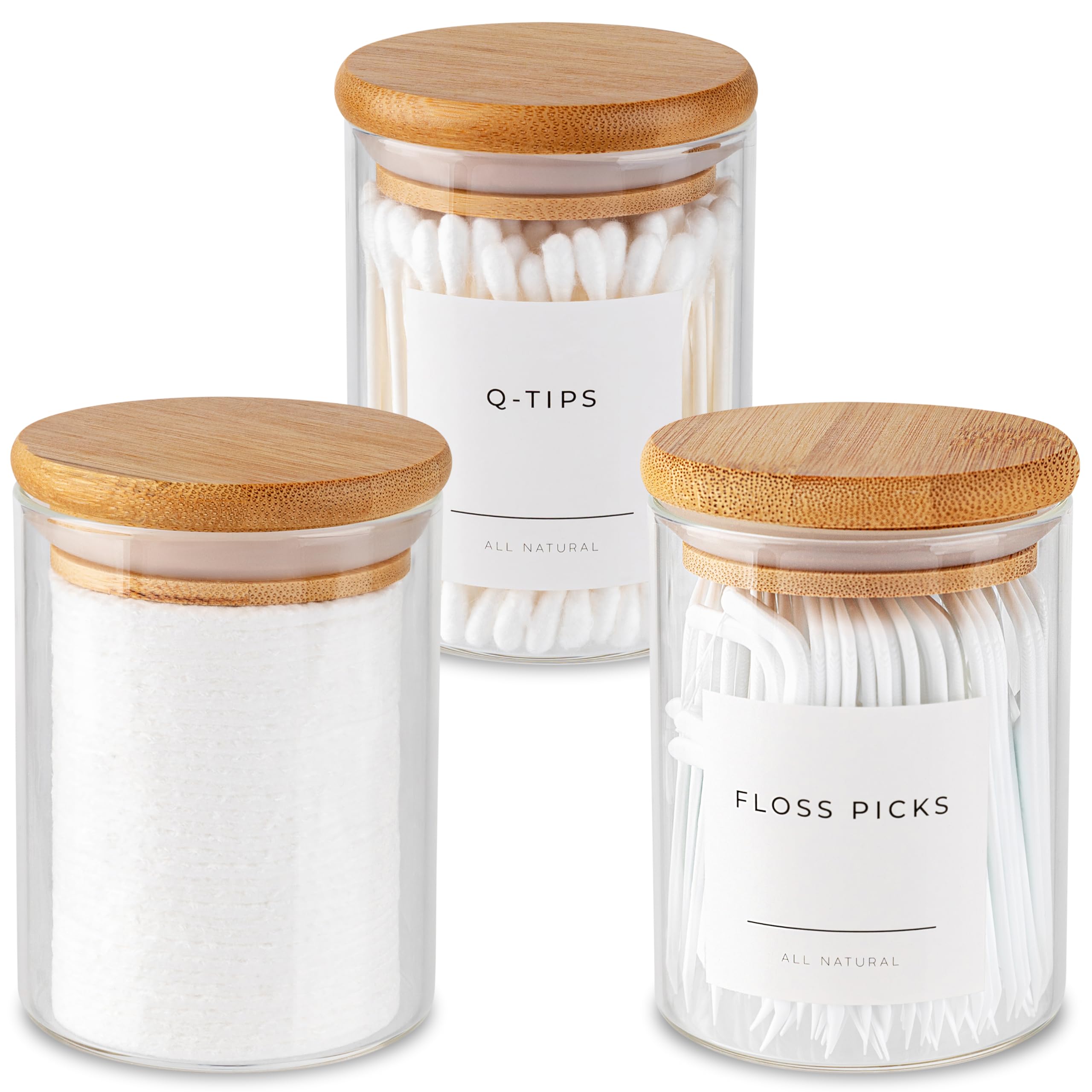 Photo 1 of Mini Glass Apothecary Jars, Container Set, Bathroom Organizers and Storage, Bathroom Decor, with Bamboo Lids, Small Kitchen Containers, For Cotton Balls, Pads and Swabs, 10 oz, Set of 3