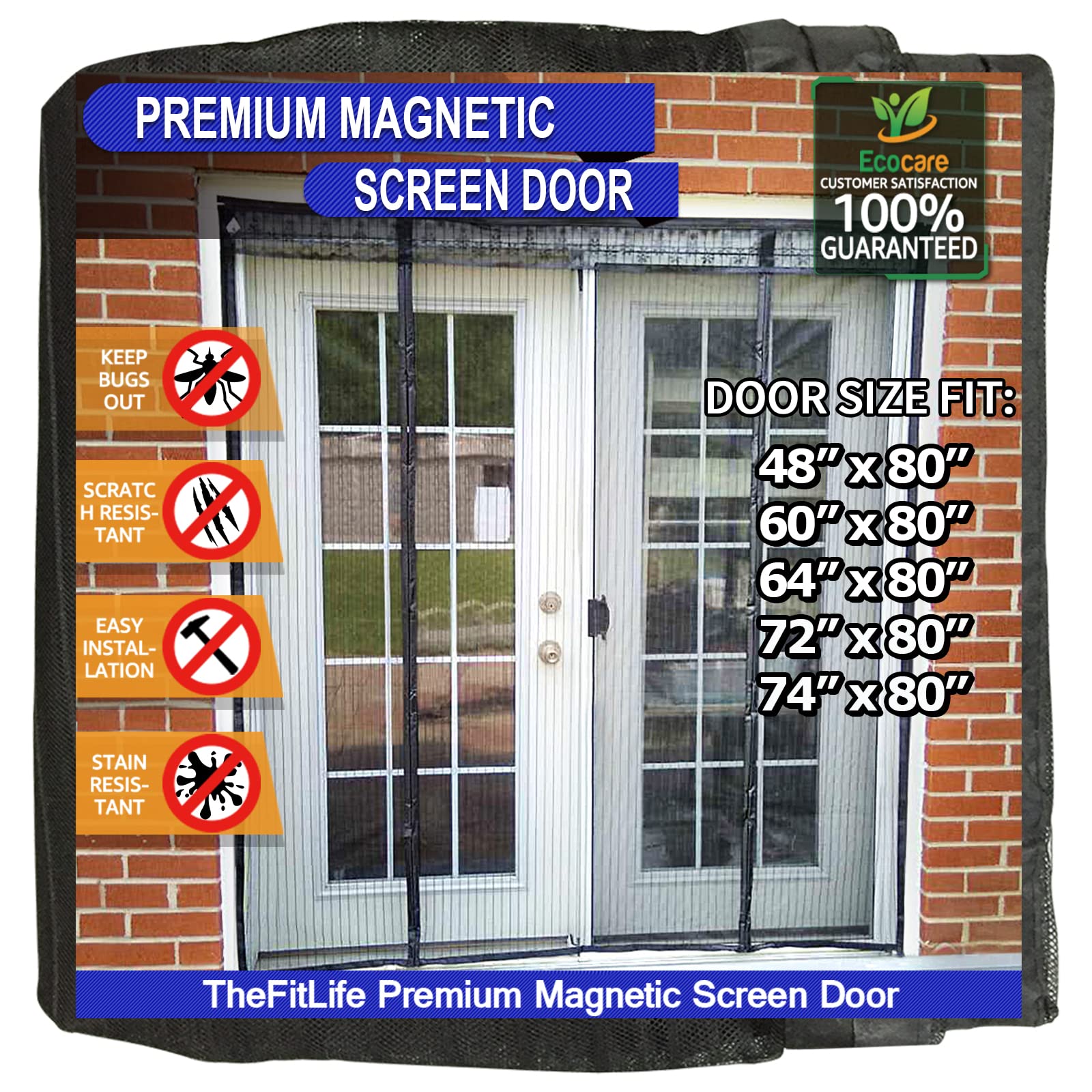 TheFitLife Double Door Magnetic Screen - Mesh Curtain with Full Frame Hook & Loop Powerful Magnets, Snap Shut Automatically (66''x81'' Fits Doors up to 64''x80'') Black โ image 1