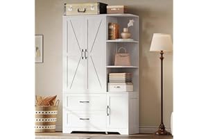 LIKIMIO Armoire Wardrobe Closet 70" H, Bedroom Wooden Wardrobe with 3 Doors 2 Drawers, Modern Clothing Storage Cabinet Combination with Storage Shelves and Hanging Rail, White