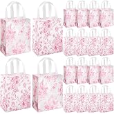 Wovnet 30 Pcs Pink Floral Gift Bags Bulk with Handle, Reusable Non Woven Flower Party Favor Bags for Tea Party, Wedding, Bridal Shower, Summer Treat Goodie Tote 10 x 8 x 4 Inch