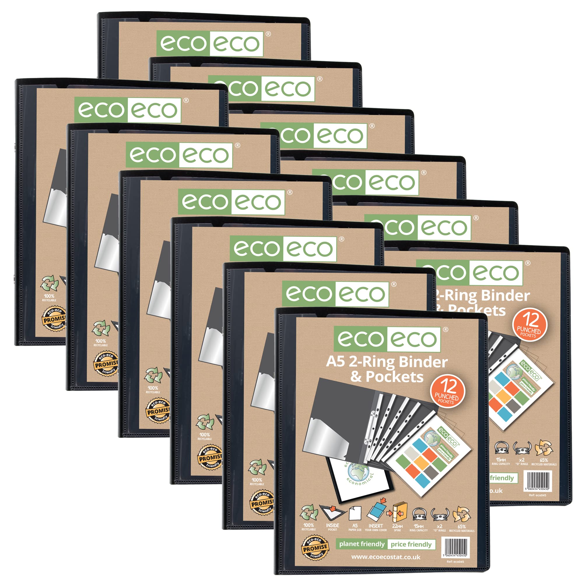 eco-eco A5 65% Recycled Presentation Ring Binder with 12 Multi Punched Pockets Black, Pack of 12, eco045x12