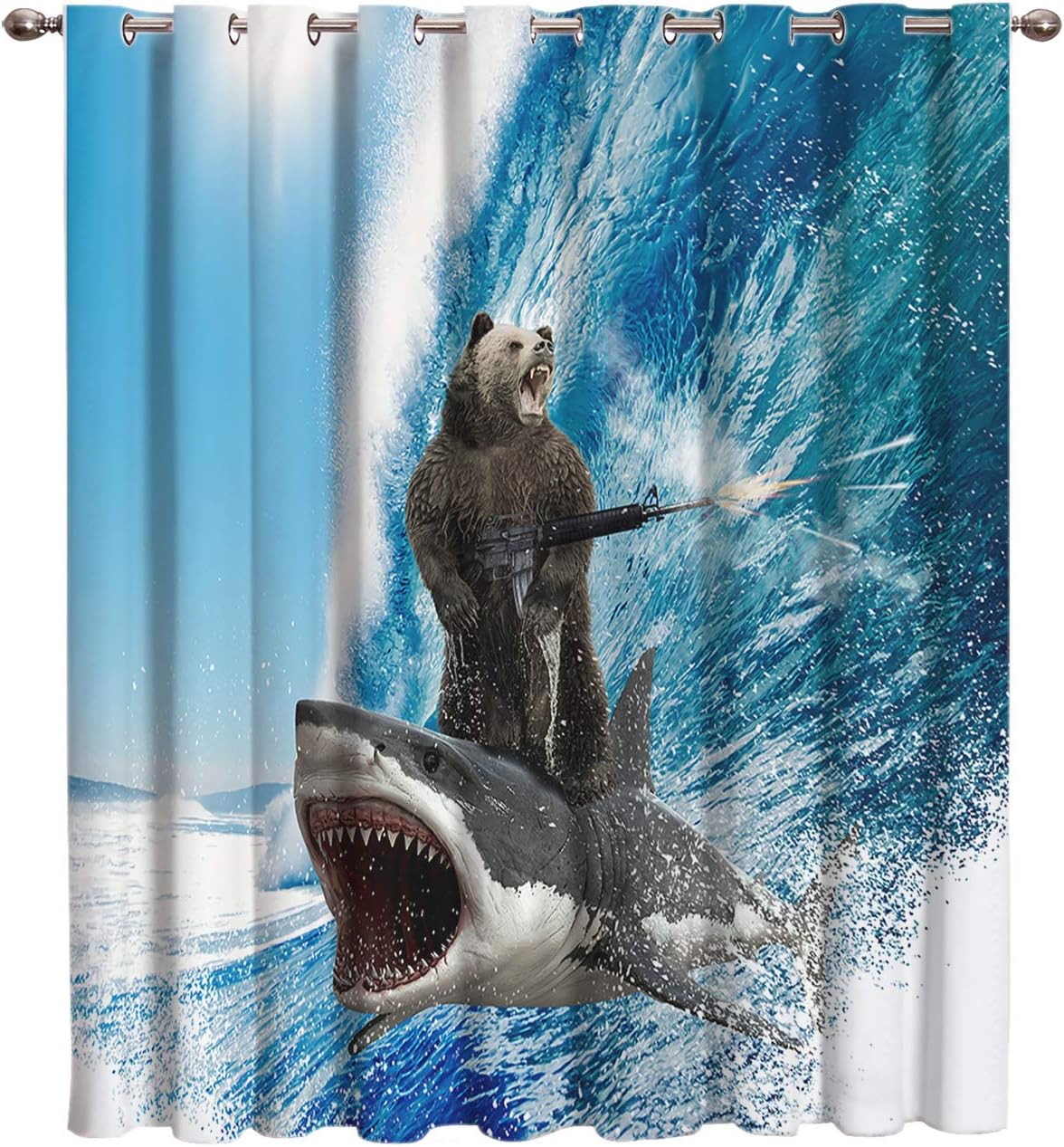 Olivefox Funny Bear and Shark Surfing Machine Gun Beach Theme Blue Waves Light Reducing Heat Insulating Curtains for Bedroom with Rust-Proof Grommet Semi Blackout Window Curtain 52x36 Inch 1 Panels