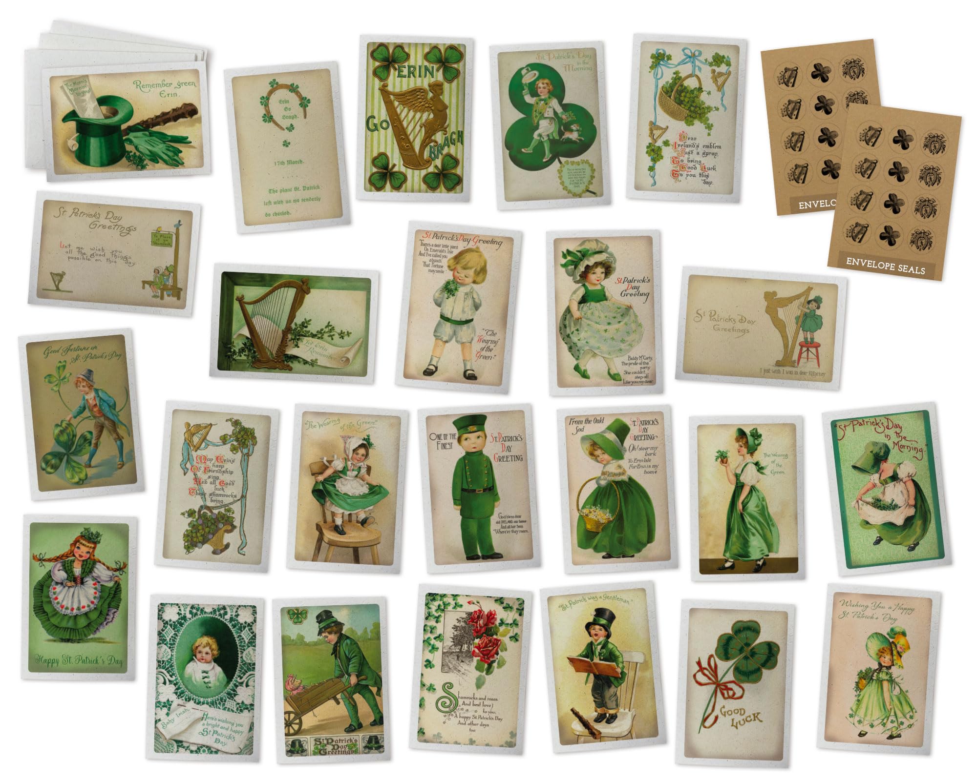 Photo 1 of Vintage Irish Children St. Patrick's Day Greeting Cards - 24 Antique St. Patricks Note Cards with Envelopes & Vintage Sticker Seals - 24 Assorted Retro Illustration Cards Printed on Antique Textured