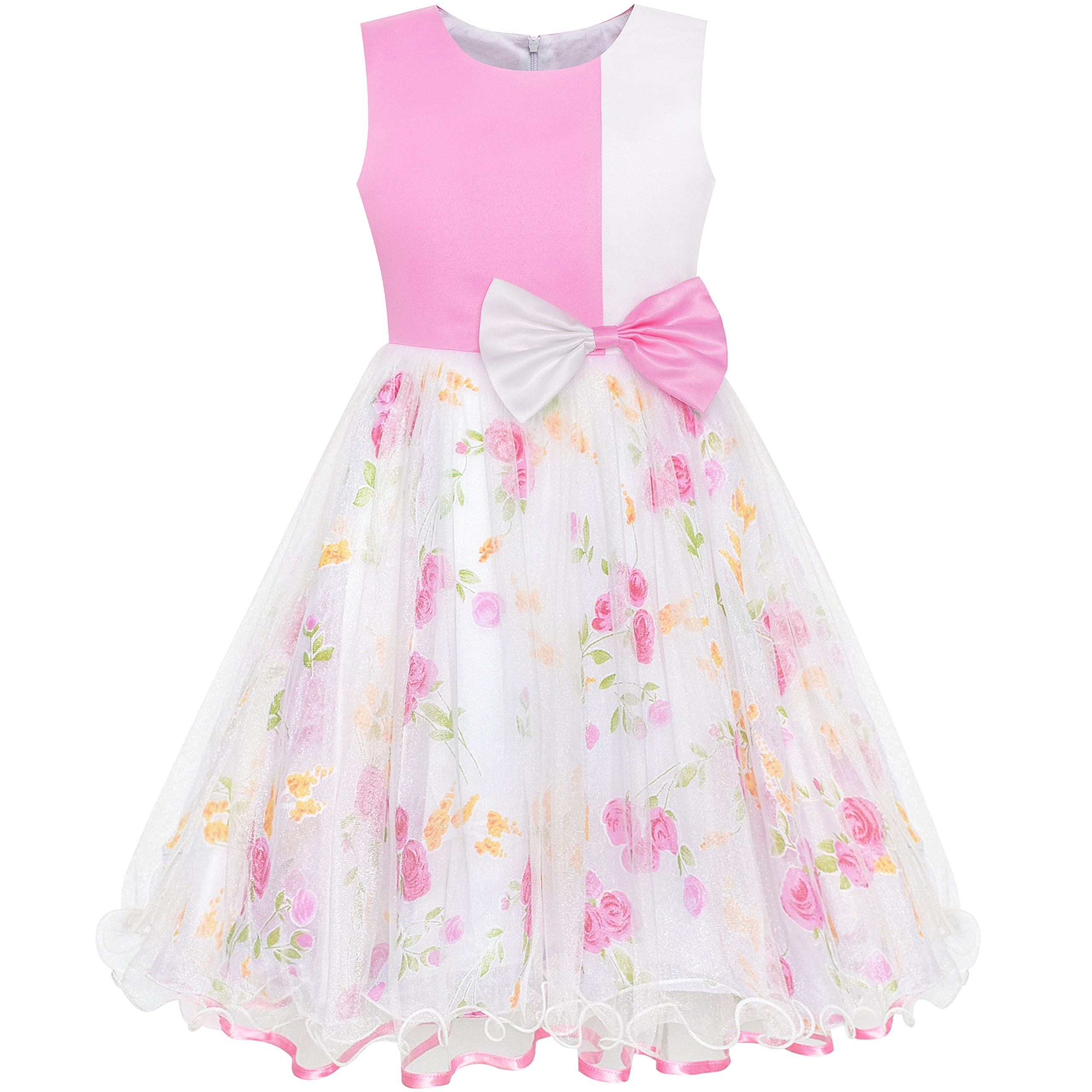 Sunny Fashion Girls Dress Bow Tie Green Pink Color Contrast Size 4-12