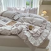 Shabby Chic 3 Pieces Bedding,Vintage Ruffled Full Duvet Cover Set with 2 Layers Ruffles,Soft Brushed Microfiber Set with Zipper Closure,Lightweight Duvet Cover Set-Cream Grey,Full
