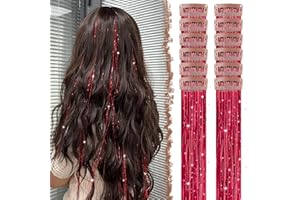 FESHFEN Clip in Hair Tinsel - 12 PCS Red Clip ins Glitter Tinsel Hair Extensions Sparkle Fairy Dazzle Colorful Accessories Kit for Women 20 Inch