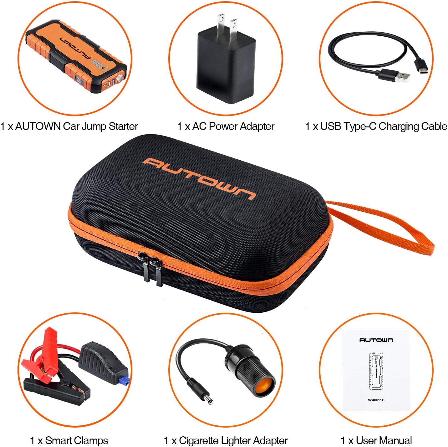 AUTOWN Car Jump Starter - 21000mAh 1000A Peak, 12V Auto Battery Booster with Quick Charge (Up to 8.0L Gas, 6.5L Diesel Engine), Portable Power Pack & Jump Box with Smart Jumper Cables and LED Light: Automotive