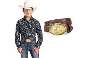 JKEEMI Kids Western Belt for Boys Girls, Embossed Genuine Leather Cowboy Cowgirl Belt for Jeans Pant Dresses Gift