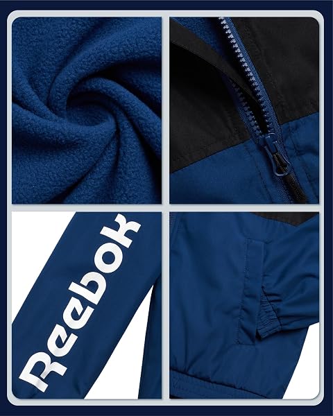 REEBOK BOYS WINDBREAKER JACKET – LIGHTWEIGHT POLAR FLEECE LINED WATER AND WIND RESISTANT HOODED ZIP UP JACKET FOR BOYS, SIZE 14-16, BATIK BLUE