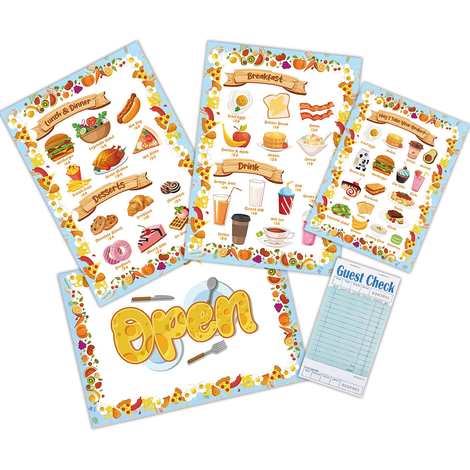 Photo 1 of 82Pcs Pretend Play Restaurant Menu for Kids Pretend Order Note Pads Kitchen Food Diner Menu Play Set for Kids Toddler Role Play Accessories