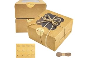 20pcs Cookie Boxes with Window 6x6x3 Inches Brown for Kraft Bakery Boxes with Stickers & Hemp Rope, Sturdy Dust-Proof Treat B