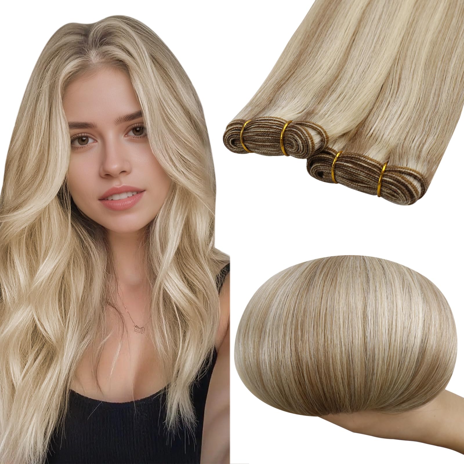 RUNATURE 22 Inch Weft Hair Extensions Real Human Hair Blonde Highlight Brown Sew in Hair Extensions Human Hair Weft Hair 120g/Pack #8P60 — image 1