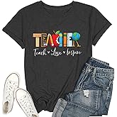 Teach T Shirt Women Teacher Love Inspire Shirts Funny Letter Short Sleeve Graphic Tees Teacher Gift Tops