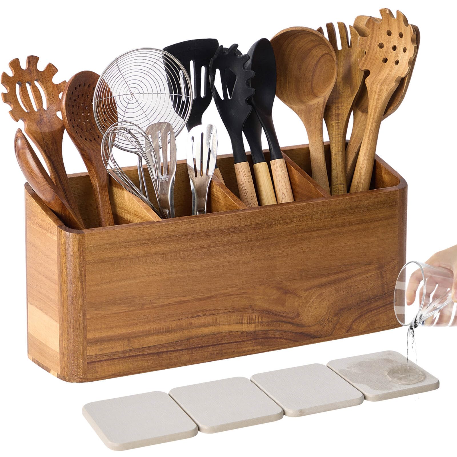 Photo 1 of Wooden Utensil Holder for Kitchen Counter, Acacia Wood Kitchen Utensil Holder for Countertop with 4 Compartment, Cooking Utensil Organizer, Silverware Caddy (Acacia Wood, 4Compartment)