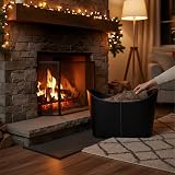 Relaxdays XL Faux Leather Firewood Basket with Handles, Black Log Storage view 3