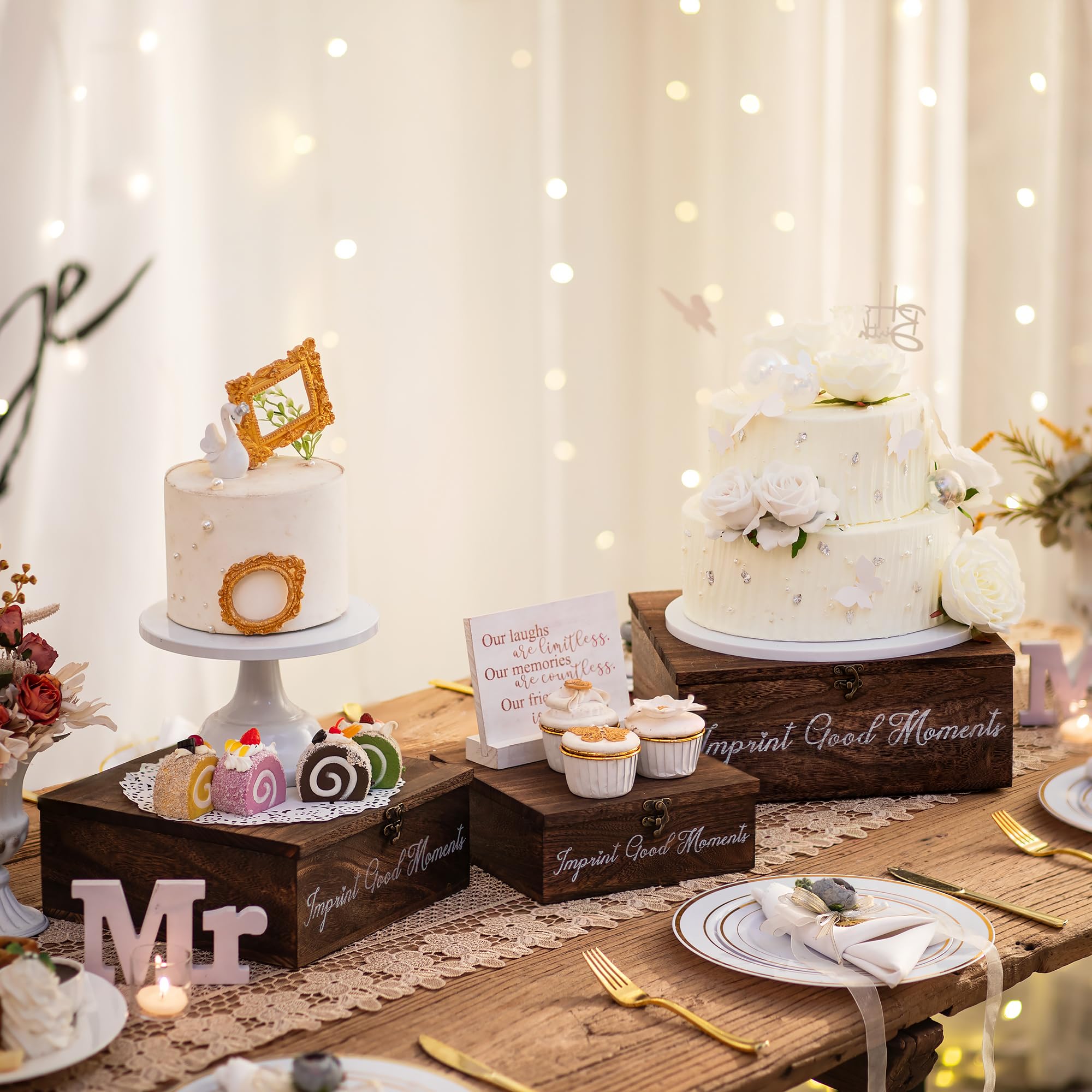Photo 1 of NUPTIO Wooden Treasure Chest Box: Set of 3 Decorative Keepsake Storage Trunk Memory Boxes with Lids - Bridal Shower Gifts Wedding Engagement Gift for Couples - Vintage Brown Cake Stand