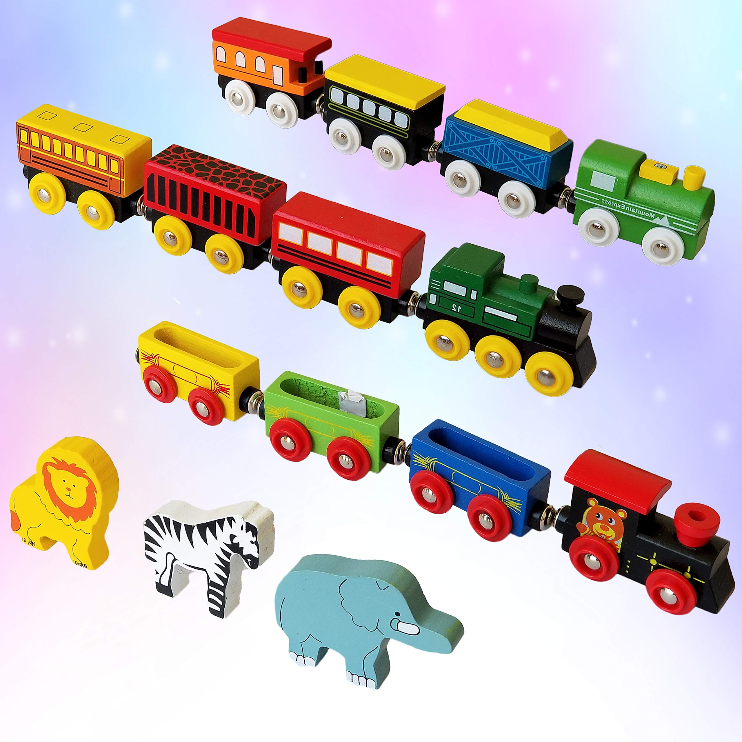 play22 wooden train set 12 pcs train toys magnetic set includes 3 engines